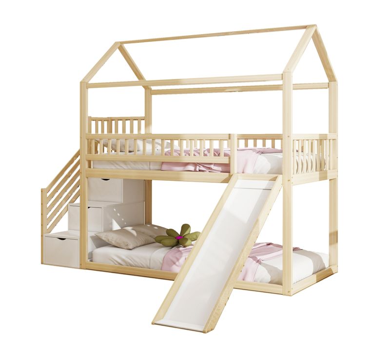 Lit Superposé 90x200 Cm Enfant Avec Toboggan, Échelle Rangement, Tiroirs, Bois et Mdf, Naturel