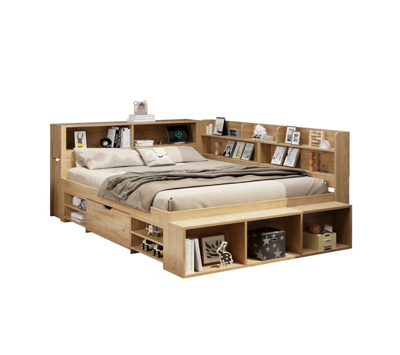 Lit Enfant 140×200 Cm Avec Rangements, étagères Et Tiroir, Bois, Bois-clair