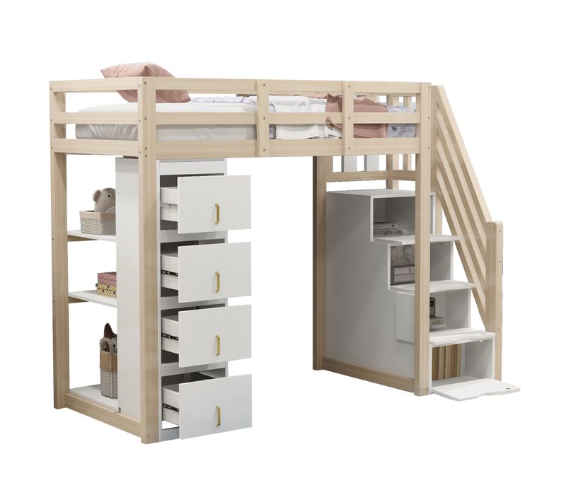 Lit Mezzanine Enfant 90x200 Cm, Toboggan Et échelle - Lit En Bois Avec Barrière De Sécurité, Blanc