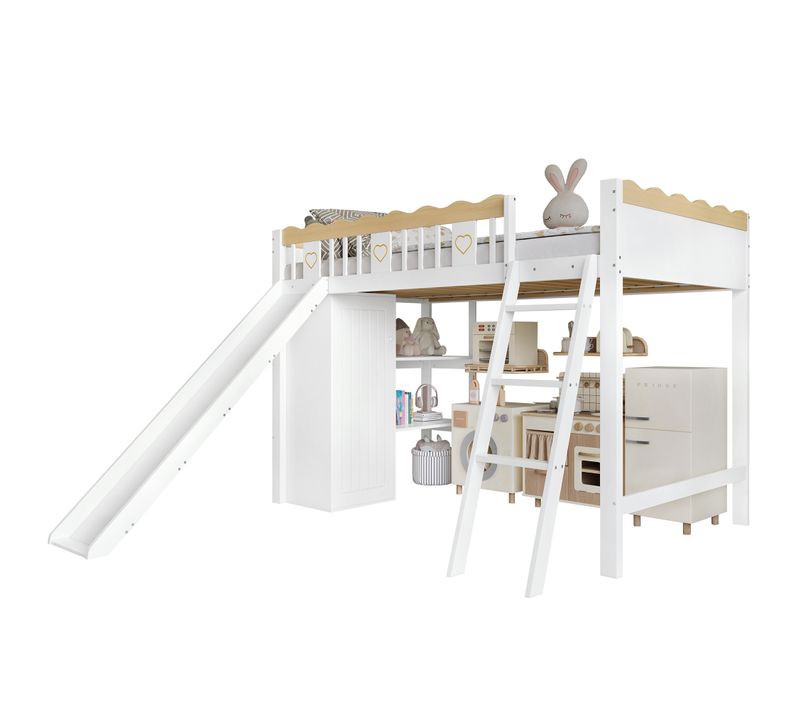 Lit Mezzanine 90x200 Cm Enfant Avec Toboggan, Barrière De Sécurité Et Armoire, Blanc Et Naturel