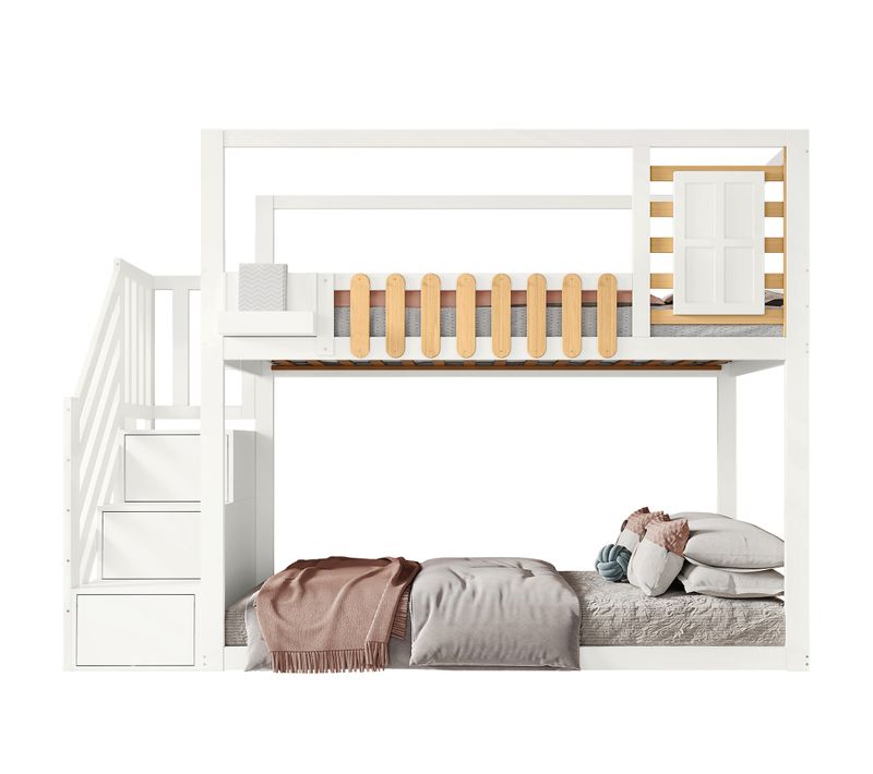 Lit Superposé 90x200 Cm Enfant, Escalier, Rangement, 3 Casiers, Barrière Sécurité, Pin + Mdf, Blanc