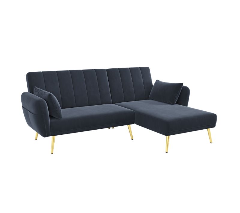 Canapé D’angle Convertible 3 Places, Méridienne, Dossier Réglable, 2 Coussins, Velours - Noir