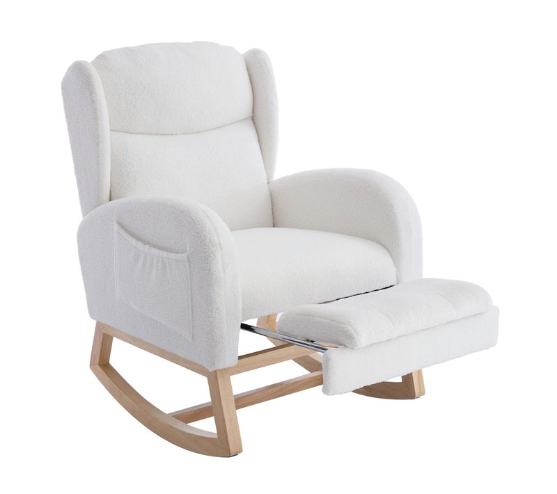 Fauteuil à Bascule De Salon Avec Repose-pieds Réglable Et Haut Dossier, Tissu Teddy, Blanc