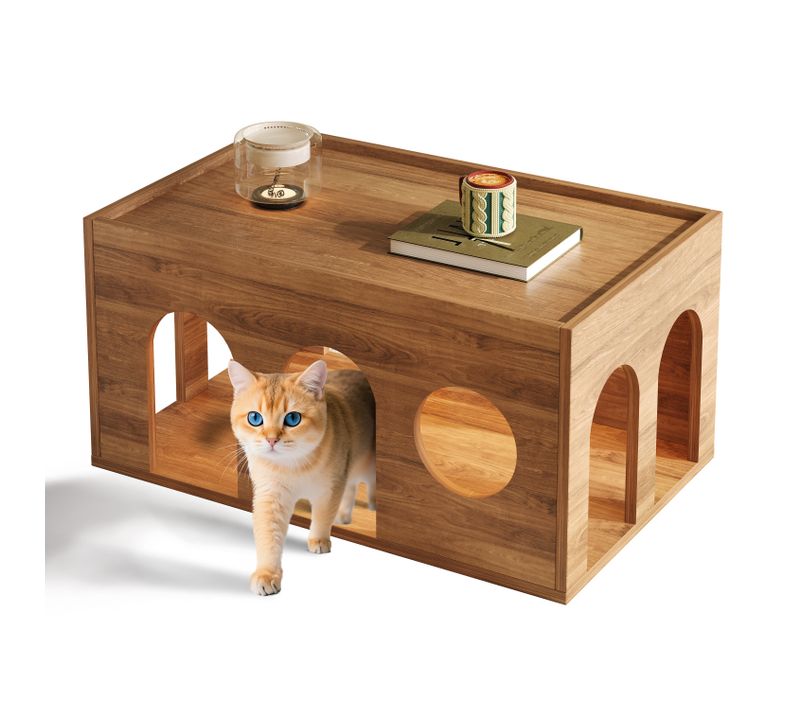Table Basse – Bois Noyer Avec Chatière Intégrée Pour Chat, Salon Moderne Et Pratique, Naturel
