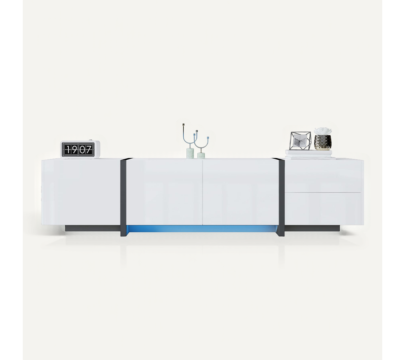 Meuble TV Bas Moderne, LED Intégrée, Portes Et Tiroirs, Panneaux Particules, Blanc Brillant
