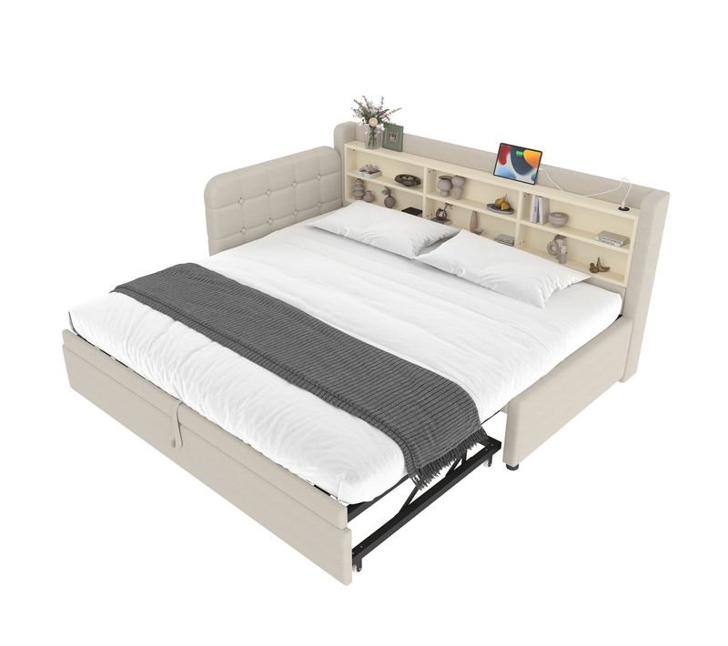 Lit Gigogne 90x200 Cm - Lit Simple Avec Rangement, Ports USB Et Type-c, Lin Beige