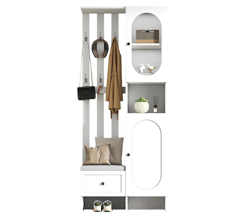 Meuble D'entrée Vestiaire Avec 2 Armoires, 1 Tiroir, Banc Et étagères, Blanc Et Verre Trempé
