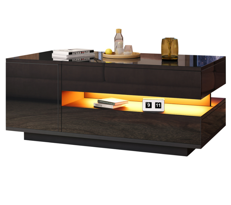 Table Basse Noire 95x50x34,5 Cm Plateau Relevable Avec Tiroir, Armoire Et LED Télécommandée