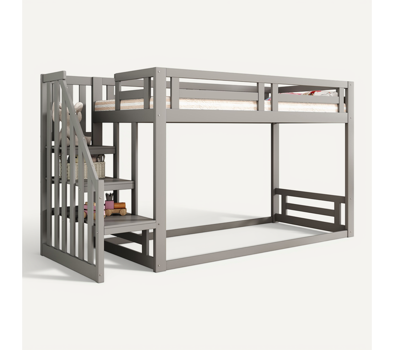 Lit Superposé Enfant 90x200 Cm Avec Toît, Escalier Sécurisé Et Structure Solide, Bois Et Mdf, Gris