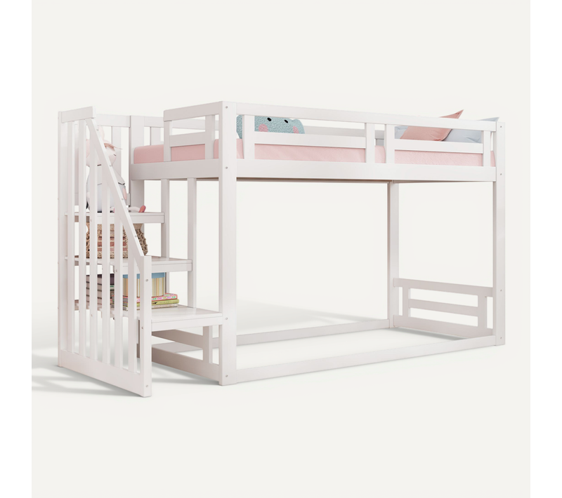 Lit Superposé - Lit Enfant 90x200 Cm Avec Escalier Sécurisé, Bois Et Lattes, Blanc