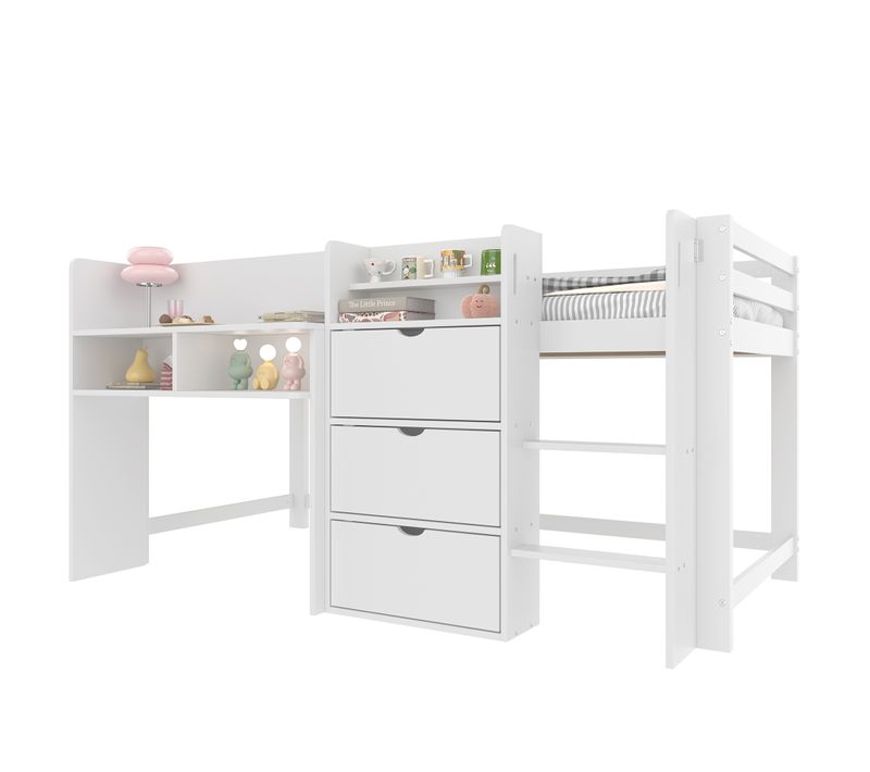Lit Enfant 90x200 Cm Simple Mi-hauteur Avec Cabane Et Espaces De Rangement, Pin Et Mdf, Blanc