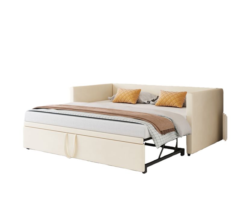 Lit Gigogne 90/180x200 Cm - Lit Multifonction Avec Sommier à Lattes, Velours Doux - Beige