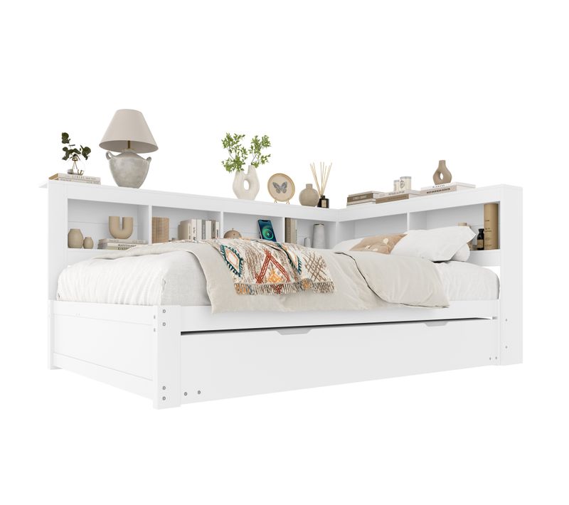 Lit Gigogne 140x200 Cm Ado Avec Couchage Supplémentaire 90x190 Cm, Prises, 2 USB, Pin Mdf Blanc