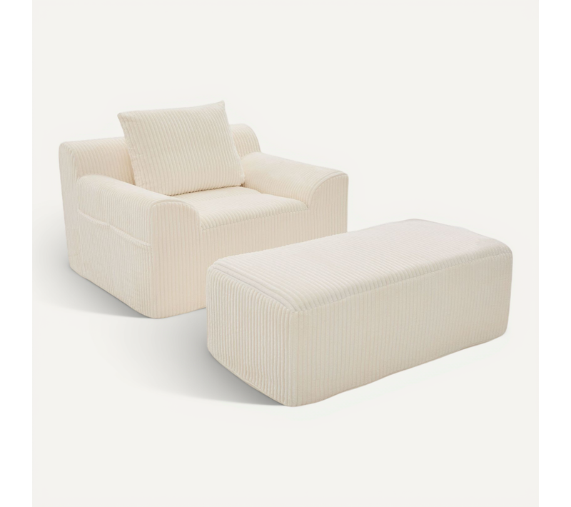 Fauteuil Relax En Velours Côtelé Avec Repose-pieds Et Coussin, Sans Montage, Beige
