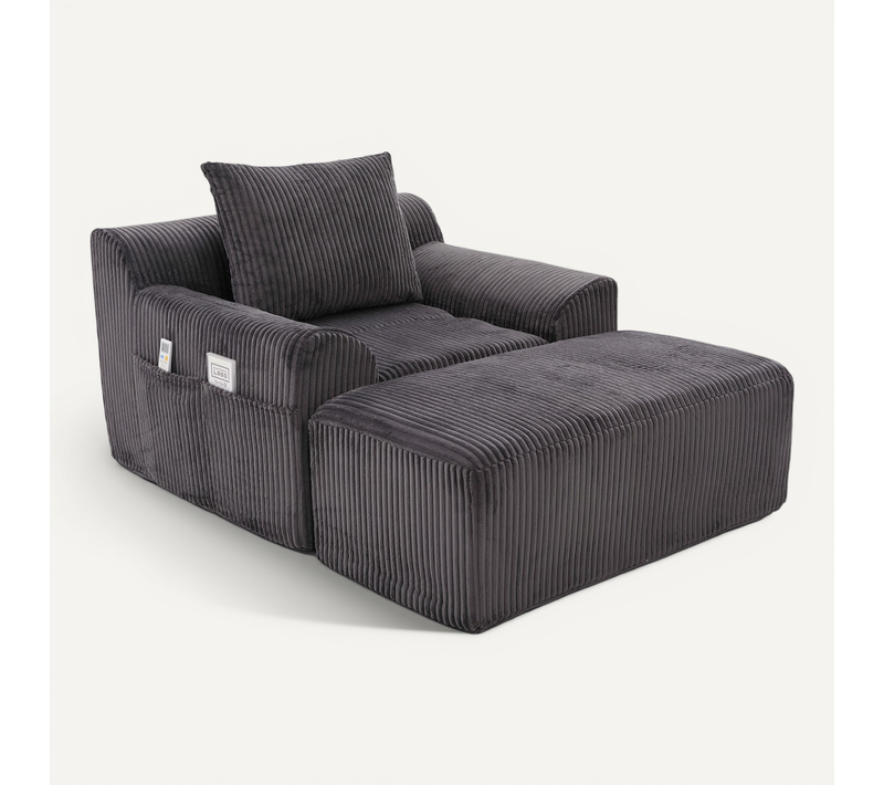 Fauteuil Relax En Velours Côtelé Avec Repose-pieds Et Coussin, Sans Montage, Gris