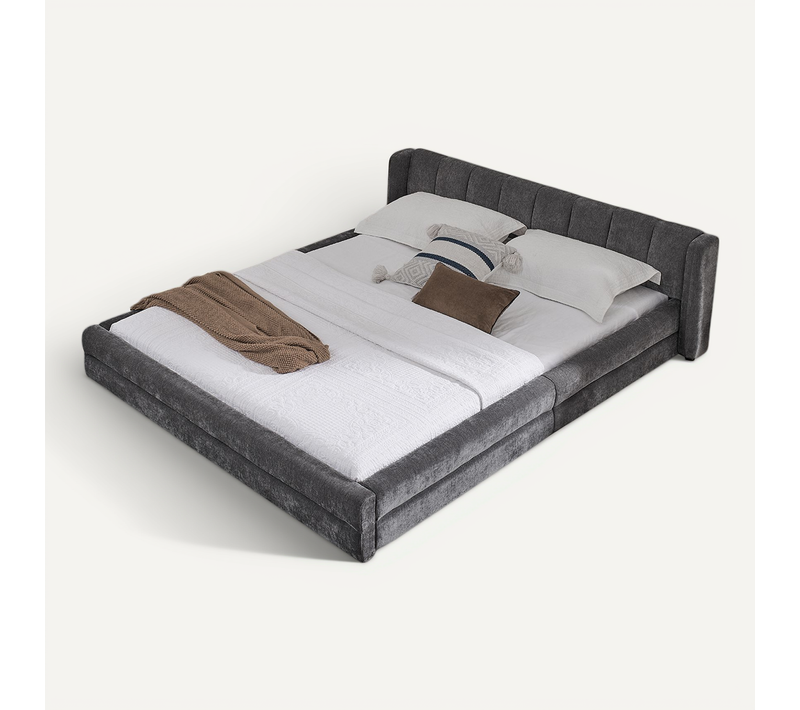 Lit Double 140×200 Cm Capitonné Adulte, Confortable, Cadre Bois Et Métal, Chenille Gris Foncé