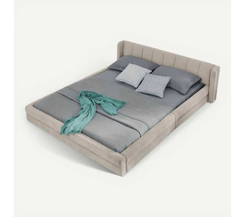 Lit Double 140×200 Cm Capitonné Avec Dossier Confortable, Chenille Et Cadre Bois, Beige