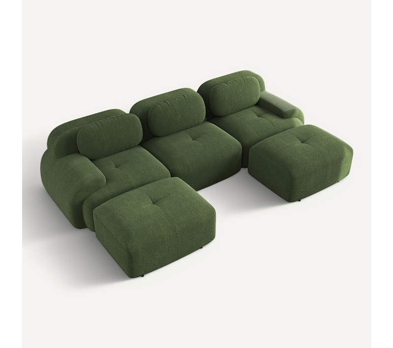 Canapé En U 3 Places Avec 2 Poufs - Sans Montage, Accoudoirs Larges, Velours Côtelé Vert