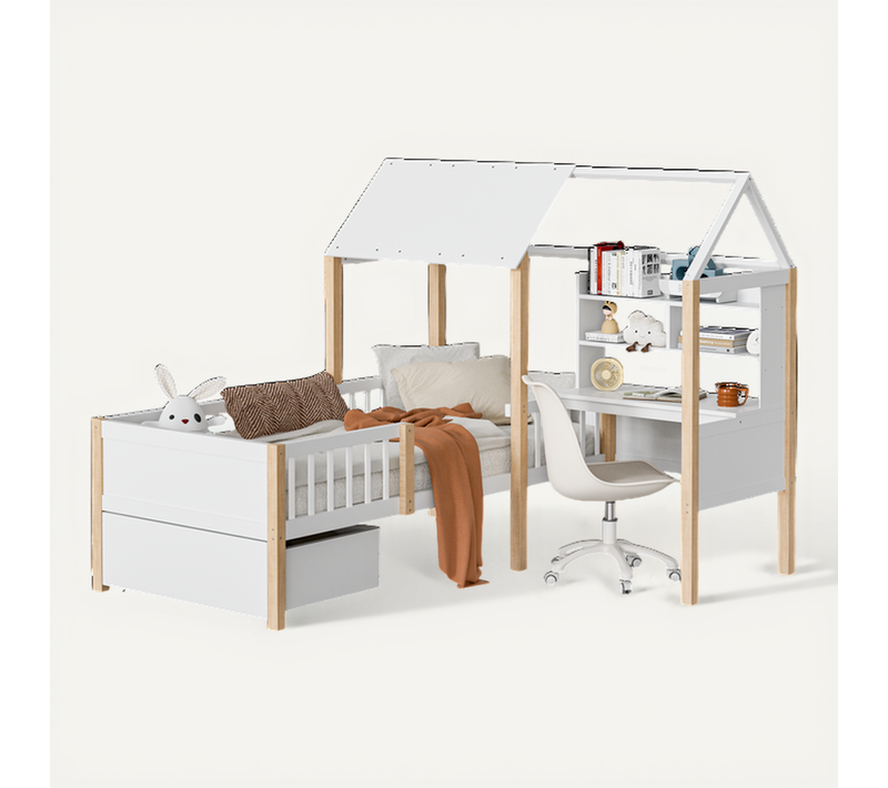 Lit Cabane Enfant 90x200 Cm, Bureau En L, Bibliothèque, Tiroirs à Roulettes, Barrière, Bois Blanc