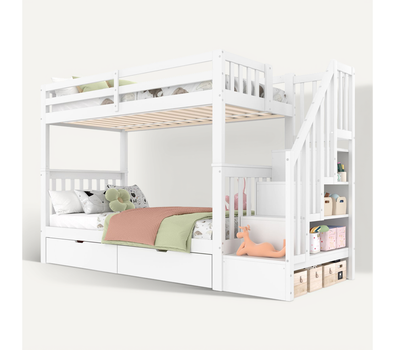 Lit Superposé 90x200 Cm Enfant Avec Tiroirs, étagère Rangement, Pin Et Mdf, Blanc
