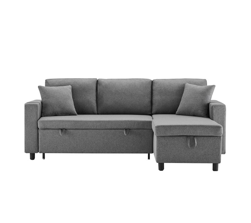 Canapé-lit Convertible L-shape Avec Méridienne Et Coffre De Rangement, Design Moderne, Lin Gris