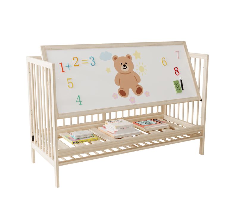 Lit Bébé 140x60x90 Cm, Hauteur Réglable, Transformable Chevalet/bureau, Bois Massif Sapin - Naturel