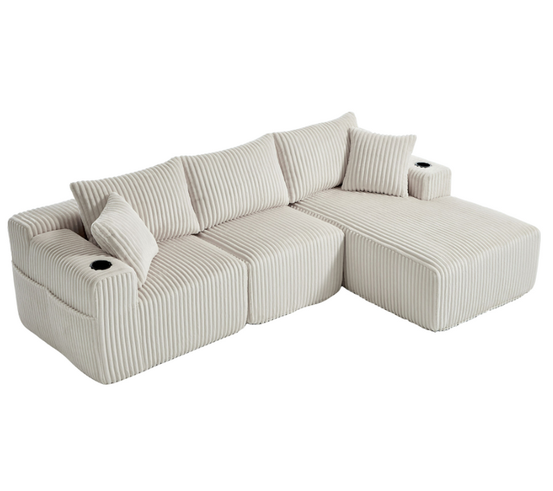 Canapé D’angle Modulable, Méridienne, Velours Côtelé, Poches Et Porte-gobelet, 5 Coussins - Beige