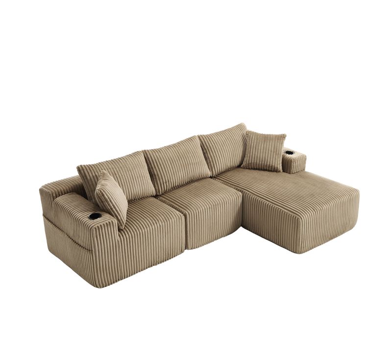 Canapé D’angle Modulable, Méridienne, Velours Côtelé, Poches Et Porte-gobelet, 5 Coussins - Kaki
