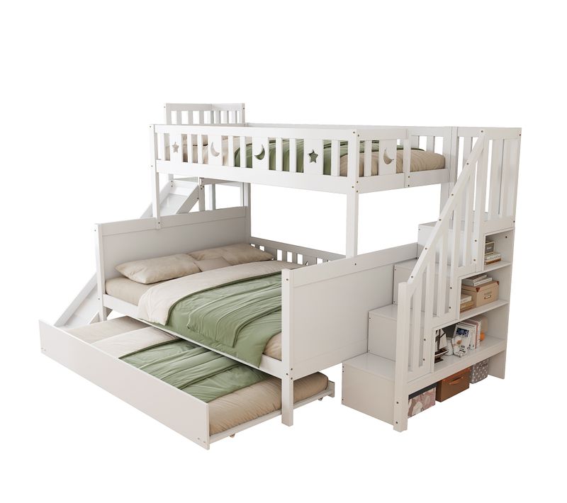 Lit Superposé Enfant 90×200 Cm Avec Lit Gigogne 140×200 Cm, Toboggan Et Rangement, Bois , Blanc