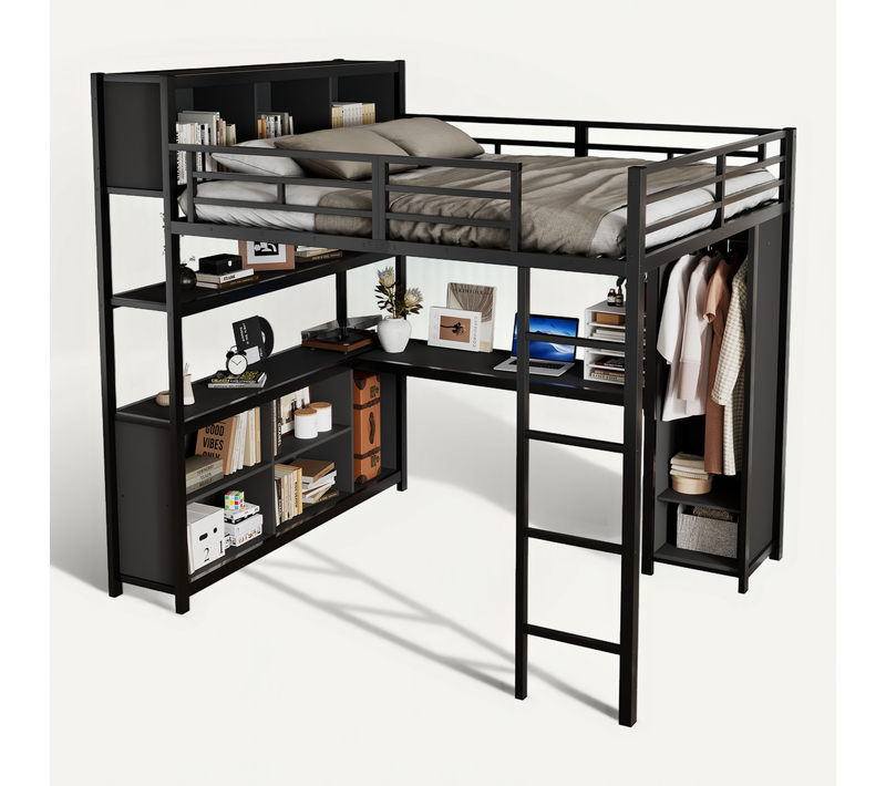 Lit Mezzanine 140×200 Cm Avec Bureau, Rangement à 2 Niveaux Et Penderie, Noir