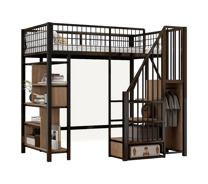 Lit Mezzanine Enfant 90x200 Cm - Rangement Intégré, étagères Et Escalier Sécurisé, Métal Noir