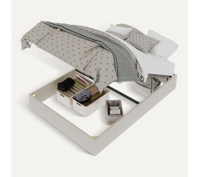 Lit Coffre Double 140x200 Cm - Rangement Hydraulique Et Sommier à Lattes, Velours, Beige