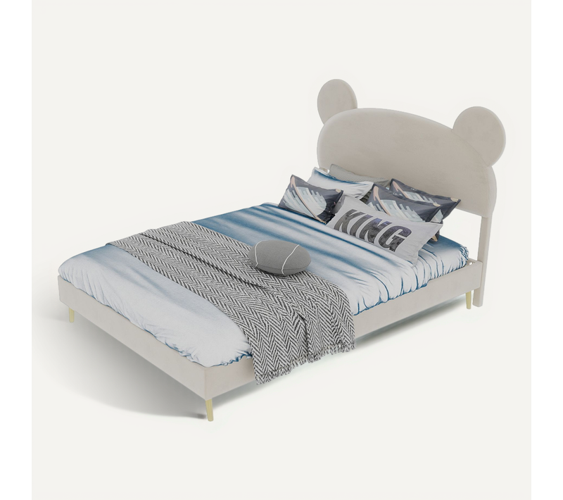 Lit Double 140x200 Cm - Lit Adulte Avec Tête Cartoon, Cadre Bas, Velours Beige