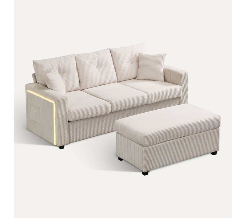 Ensemble Canapé 3 Places Avec Pouf - Canapé Droit Avec éclairage LED - Velours Côtelé - Beige
