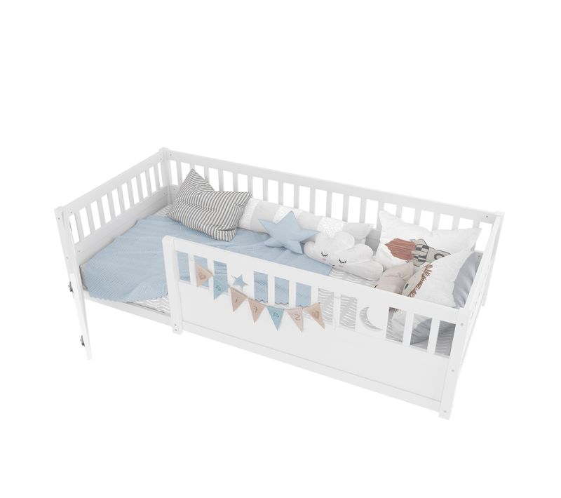 Lit Enfant Simple 90x190 Cm, Barrière Sécurité, Décor étoiles/lune, Sommier Inclus, Bois Blanc