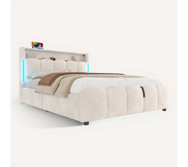 Lit Coffre 140x200 Cm Double Avec LED, USB, Capitonné Velours, Tête De Lit, Sommier Relevable Beige