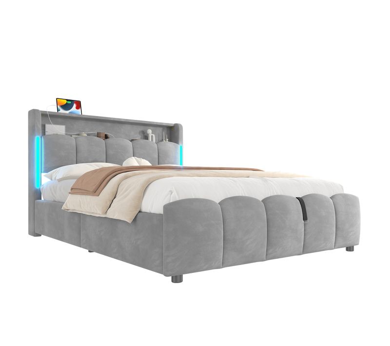 Lit Coffre 140x200 Cm Double Avec LED, USB, Capitonné Velours, Tête De Lit, Sommier Relevable Gris