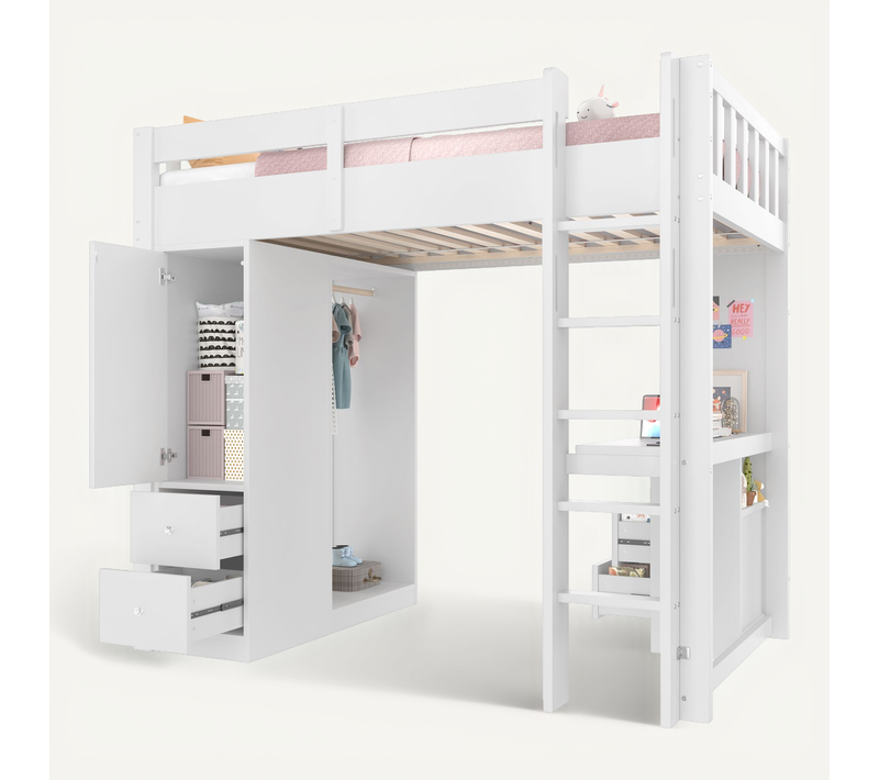Lit Mezzanine 90x200 Cm - Lit Avec 4 Tiroirs, Bureau Sous Le Lit, Armoire De Rangement, LED, Blanc