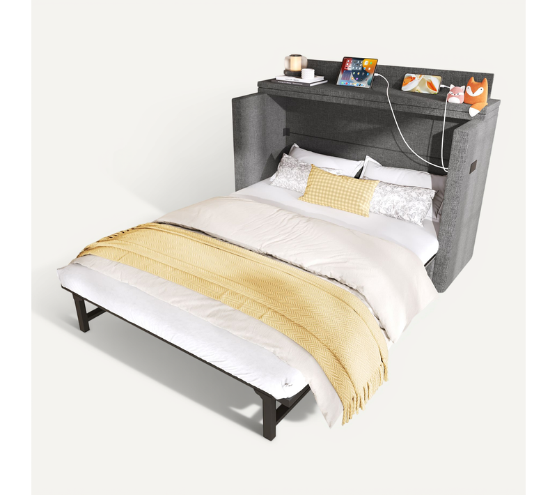 Lit Escamotable 140x200 Cm Double Enfant/ado Avec Rangement, Tiroir, USB Type-c, Tissu Lin Gris