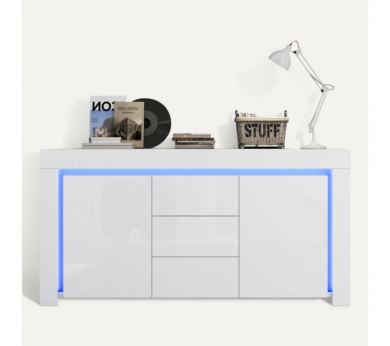 Buffet De Cuisine Bar Avec 2 Portes, 3 Tiroirs, étagères Réglables Et LED Intégré - Blanc Brillant