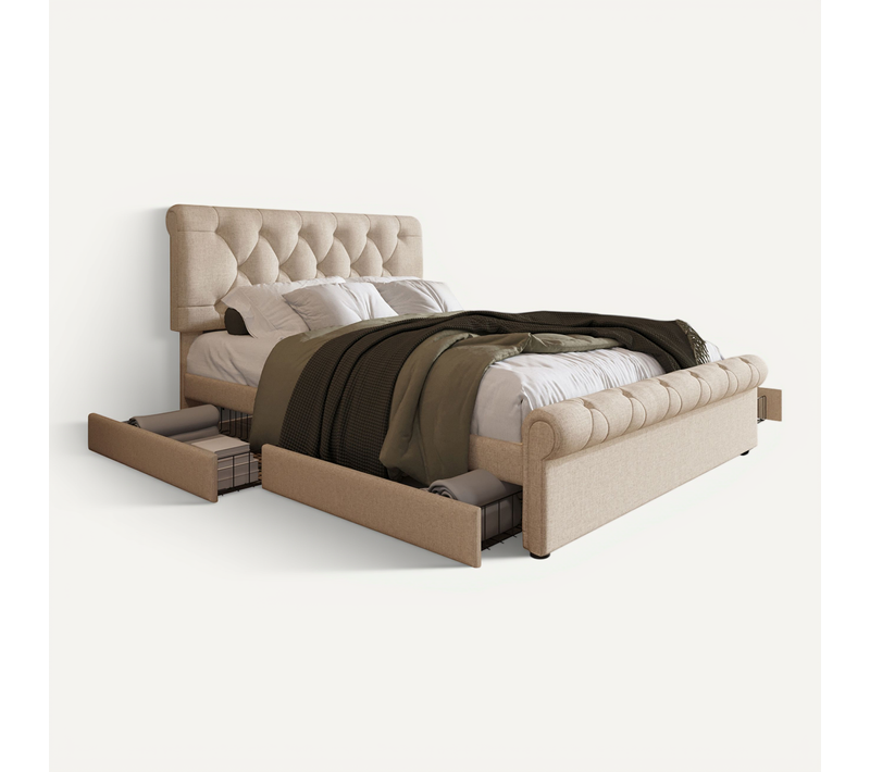 Lit Avec Tiroirs Lit Double, 4 Tiroirs Et Tête Réglable 140×200 Cm, Matelas Non Inclus