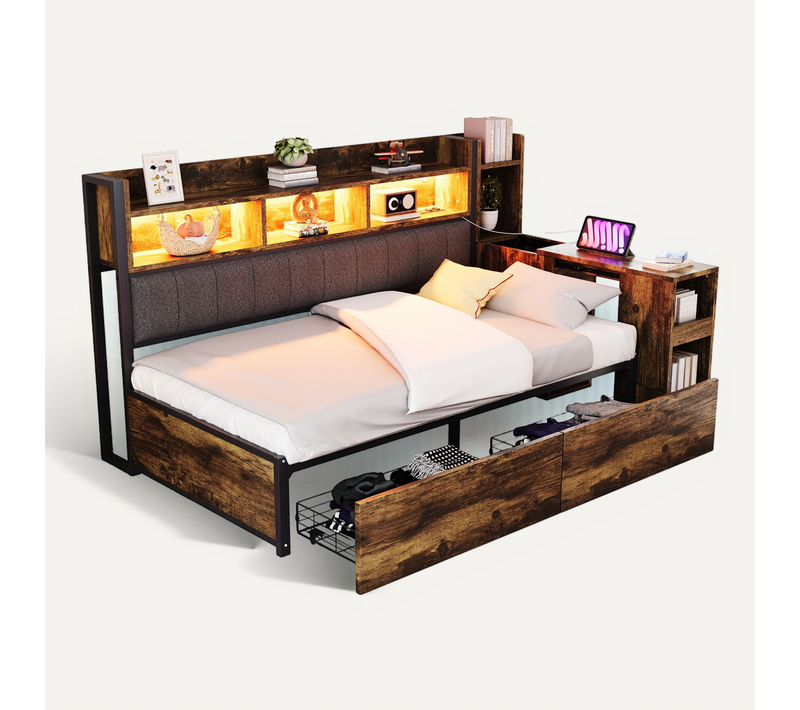 Lit Banquette 90x200 Cm, Bureau Escamotable, Rangement, LED, Prise Multifonction, Fer, Bois