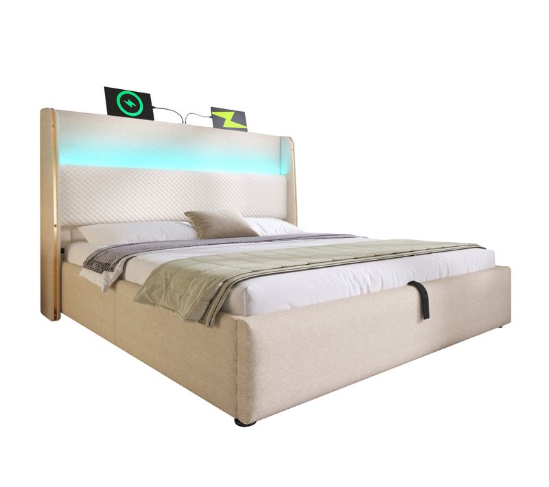 Lit Coffre 140x200 Cm Double Moderne Avec Sommier Relevable, Rangement, USB Type-c, Tissu Lin Beige
