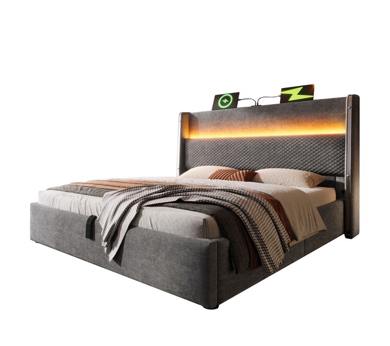 Lit Coffre 140x200 Cm Double Avec LED, USB Type-c, Sommier Relevable, Rangement, Tissu Lin Gris