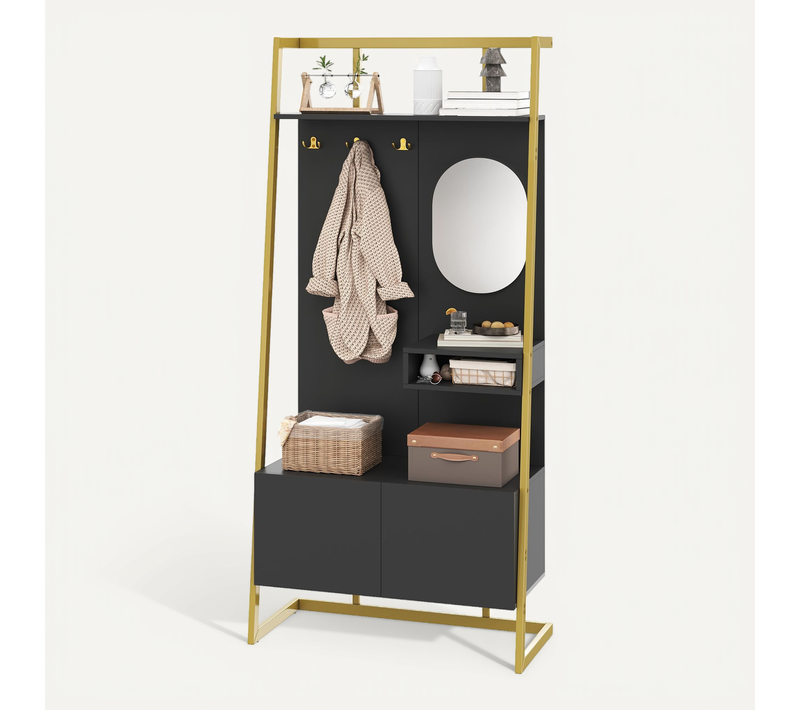 Meuble D’entrée 2 Portes, Espace Chaussures, Vestiaire Compact, Panneaux Particules/métal, Noir
