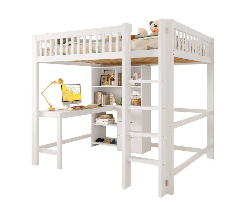 Lit Mezzanine Ado 140x200 Cm Avec Bureau Et Rangements - Lit En Bois De Pin Et Mdf, Blanc