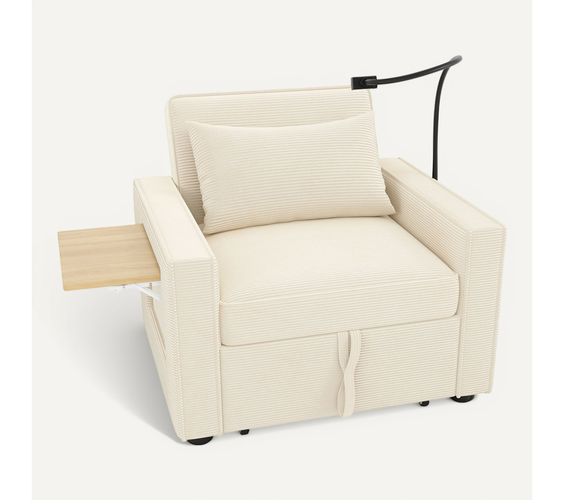 Canapé-lit 1 Place Avec Port USB Et Support Téléphone, Fauteuil Convertible En Velours Côtelé Beige