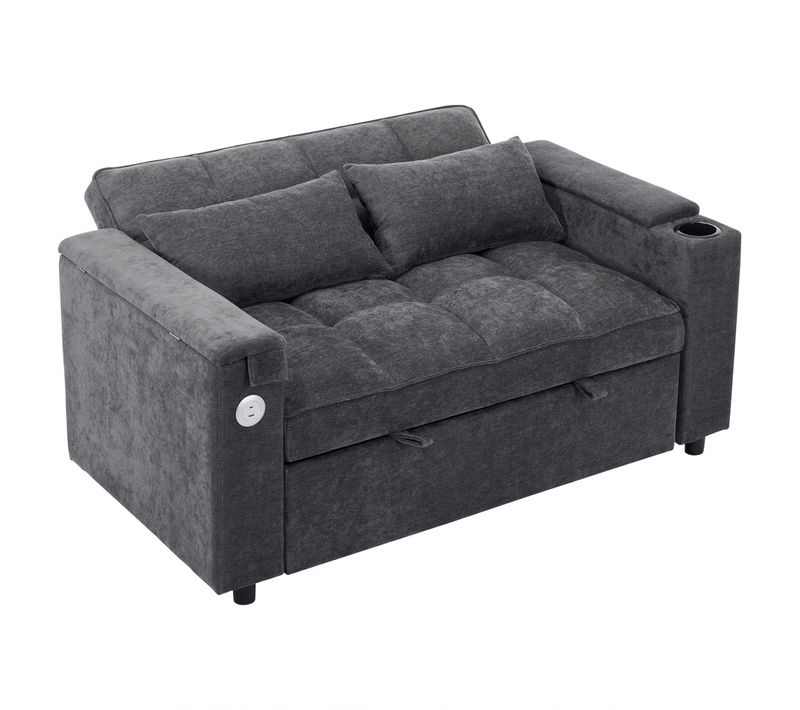 Canapé-lit 2 Places 3-en-1 Avec Ports USB/type-c Et Plateau Rotatif, Porte-gobelet, Tissu Gris