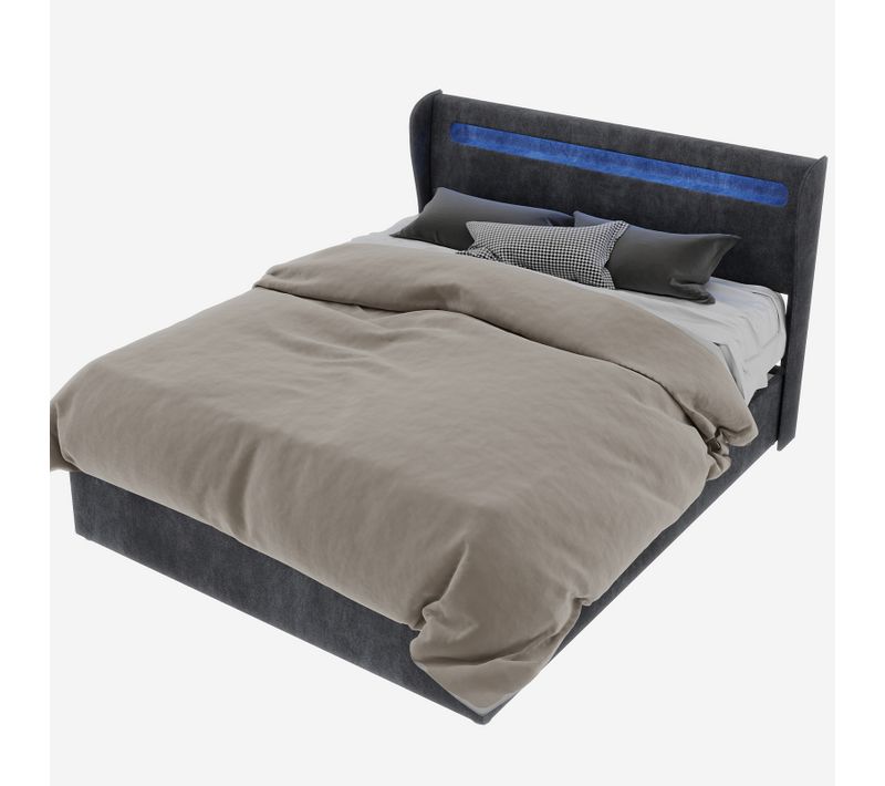 Lit Coffre Double 140x200 Cm - Vérin à Gaz, Rangement Intégré, Sans Tête, Velours Gris