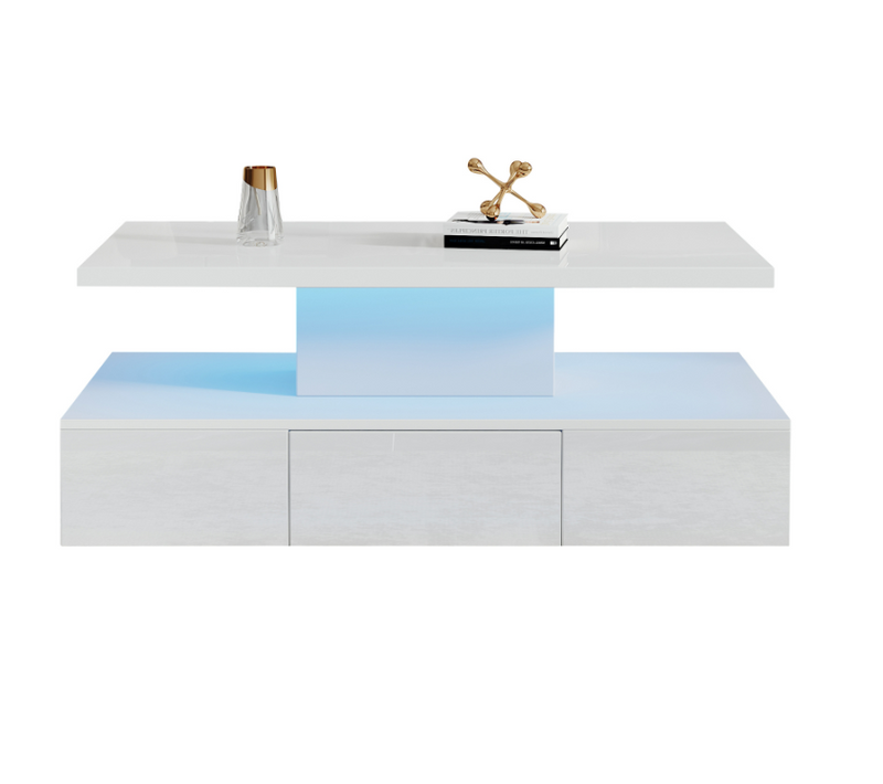 Table Basse Moderne, 2 Niveaux, LED 16 Couleurs, Tiroir Coulissant, étagère Ouverte, Blanc